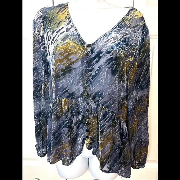 New SUNDANCE Velvet Riches Burnout Peplum Blouse Top Shirt Blue Green Silk Yello - Picture 2 of 12